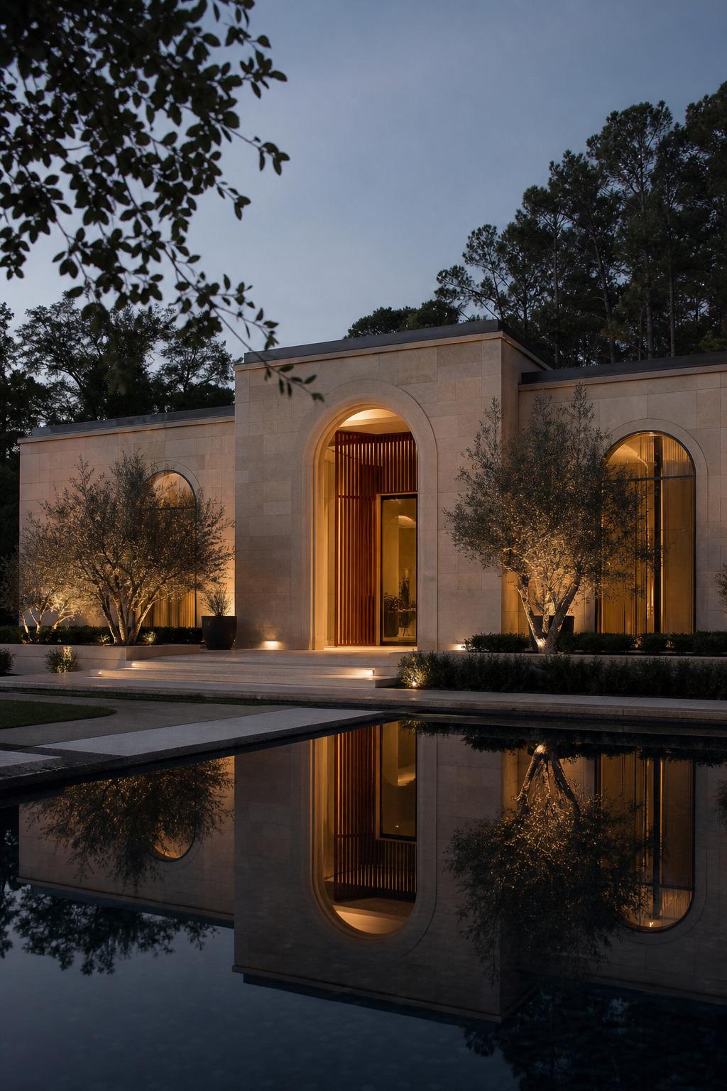 The SCULPT building at blue hour, reflected in a still pool