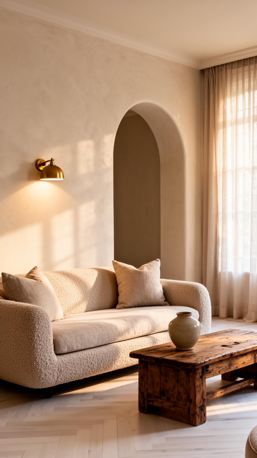 A serene member lounge interior with a curved plaster archway, bouclé sofa, and warm afternoon light