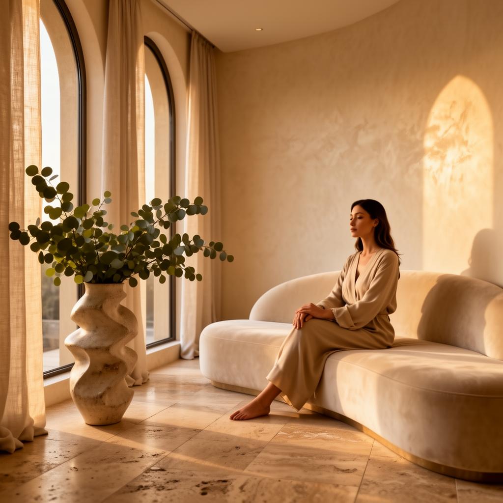 Warm natural light in a serene wellness lounge — quiet luxury interior