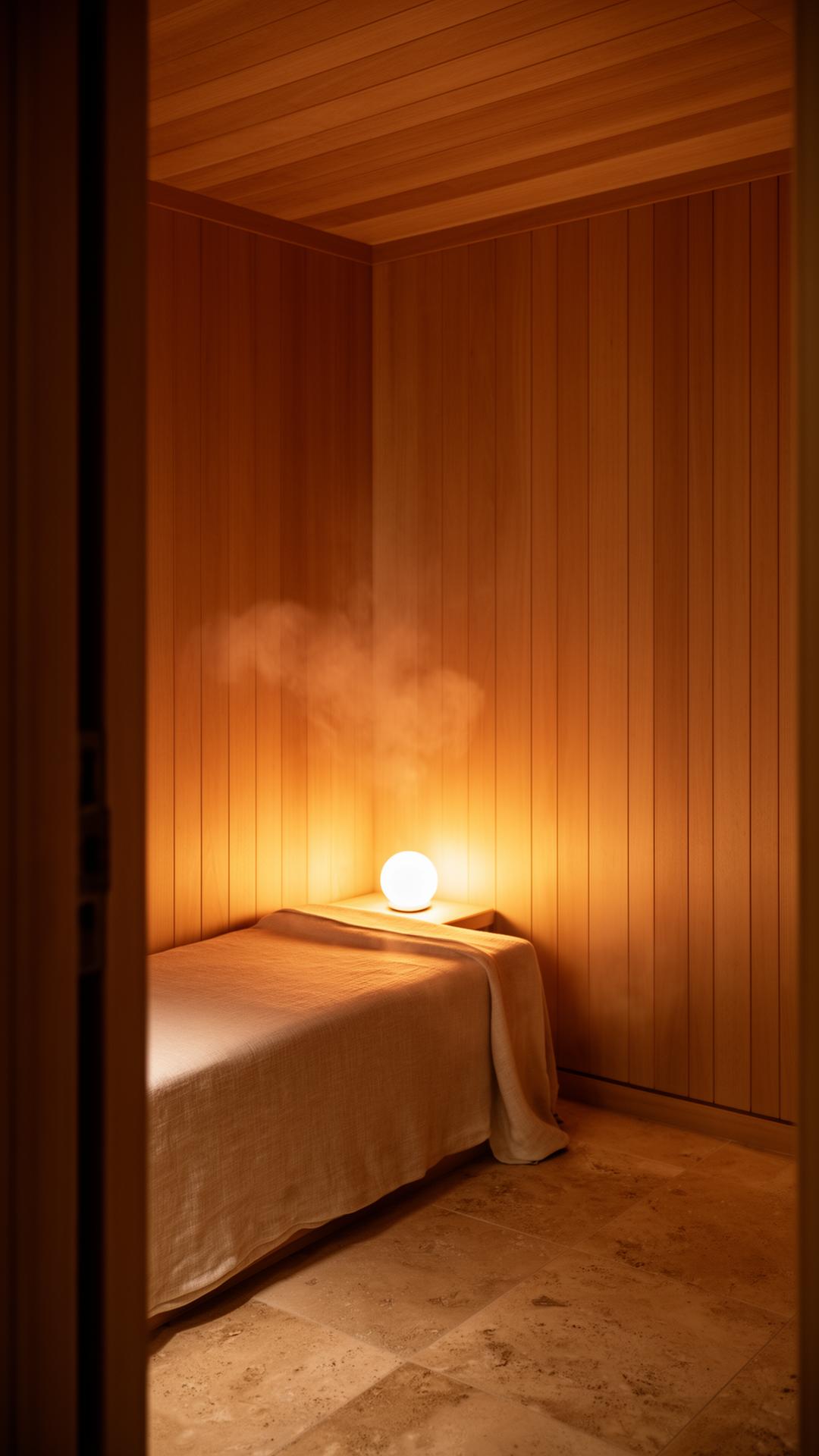 An intimate cedar sauna interior with a single warm globe light and folded linen