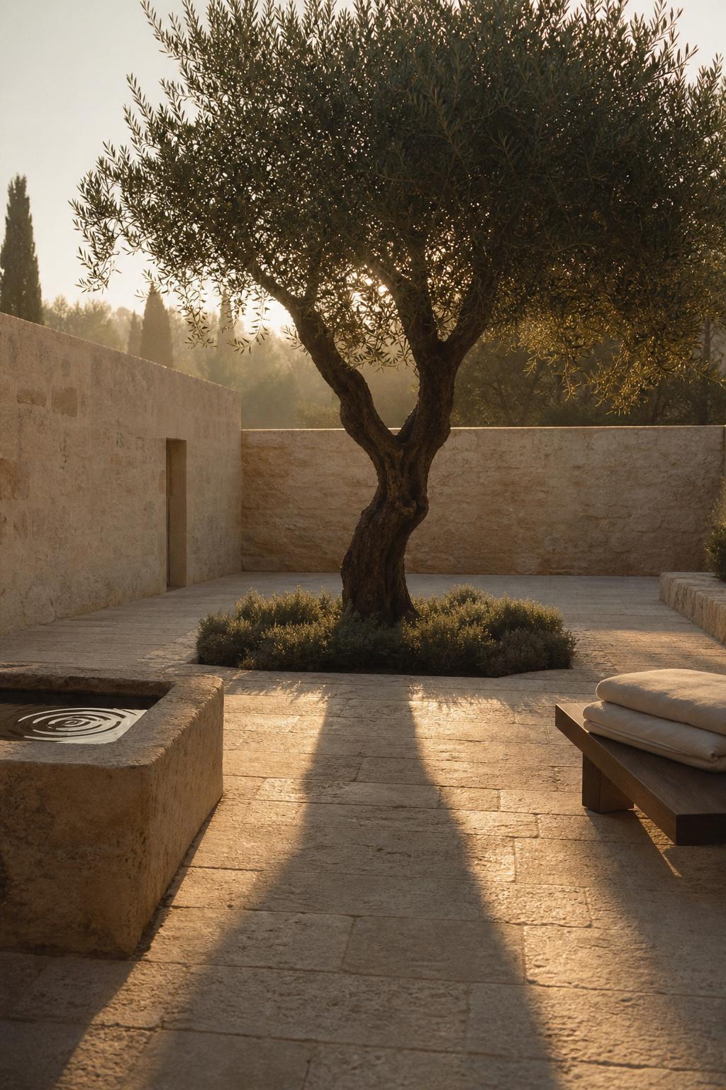 A single olive tree in a stone courtyard at dawn
