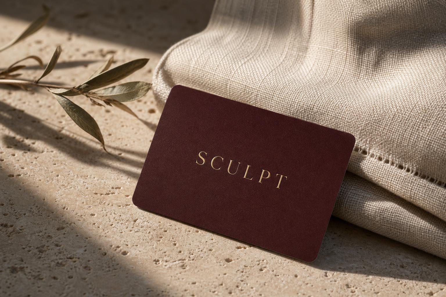 A deep burgundy SCULPT founding member card on travertine