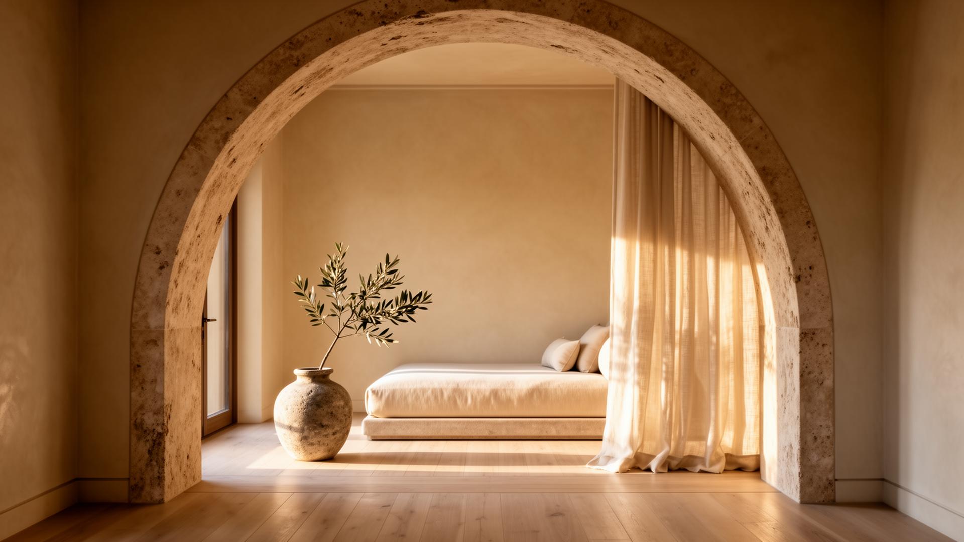 A travertine archway opening onto a sunlit linen daybed — quiet luxury wellness interior